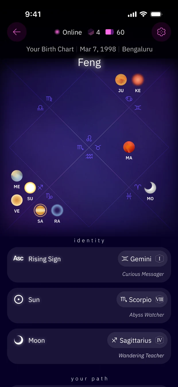 Ora App birth-chart-inspired reflection screen