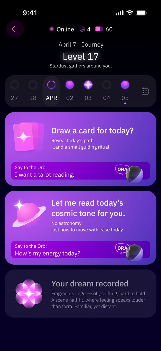 Ora App daily journey screen with ritual cards